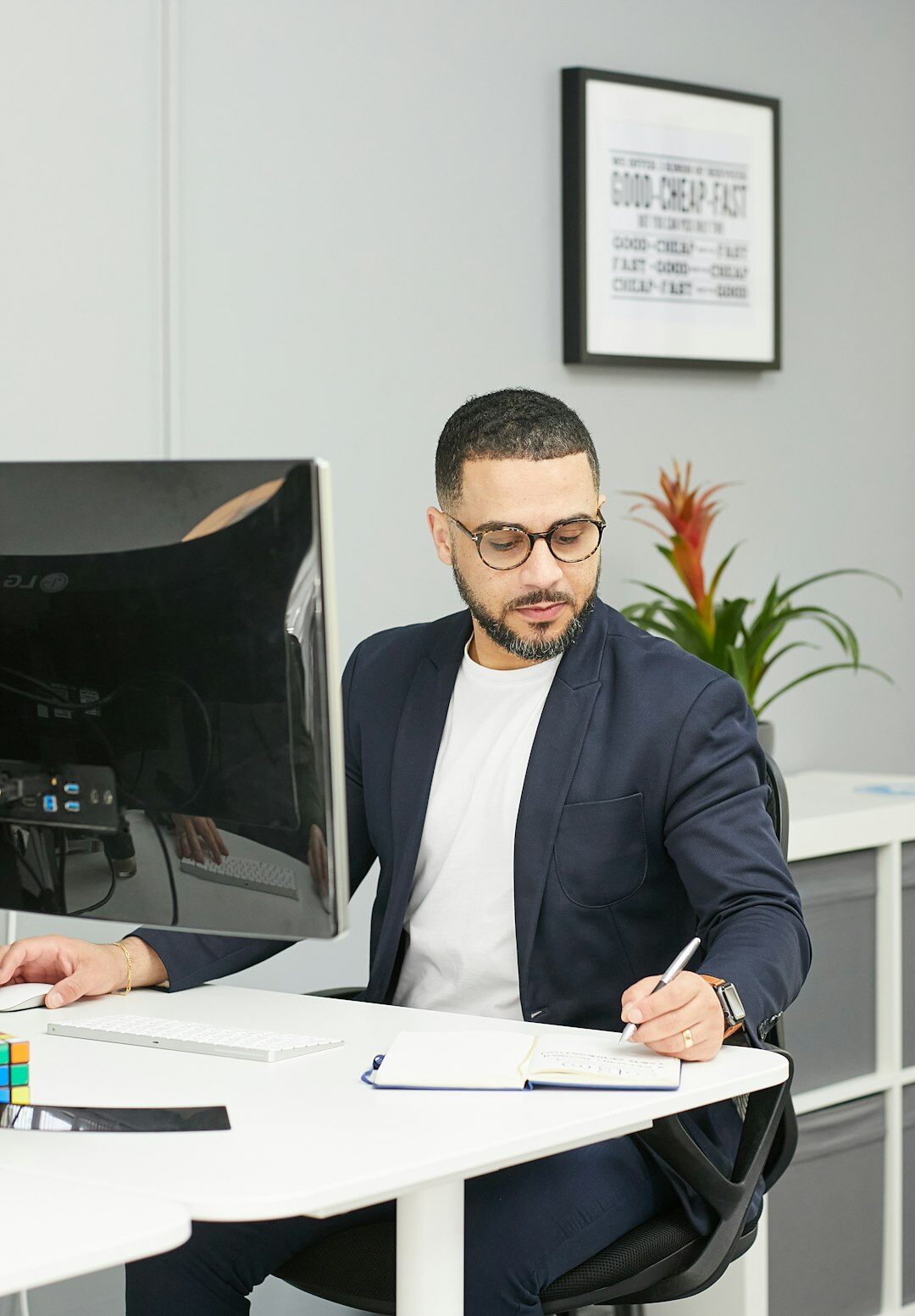 Consultant analyzing market research documents at a desk